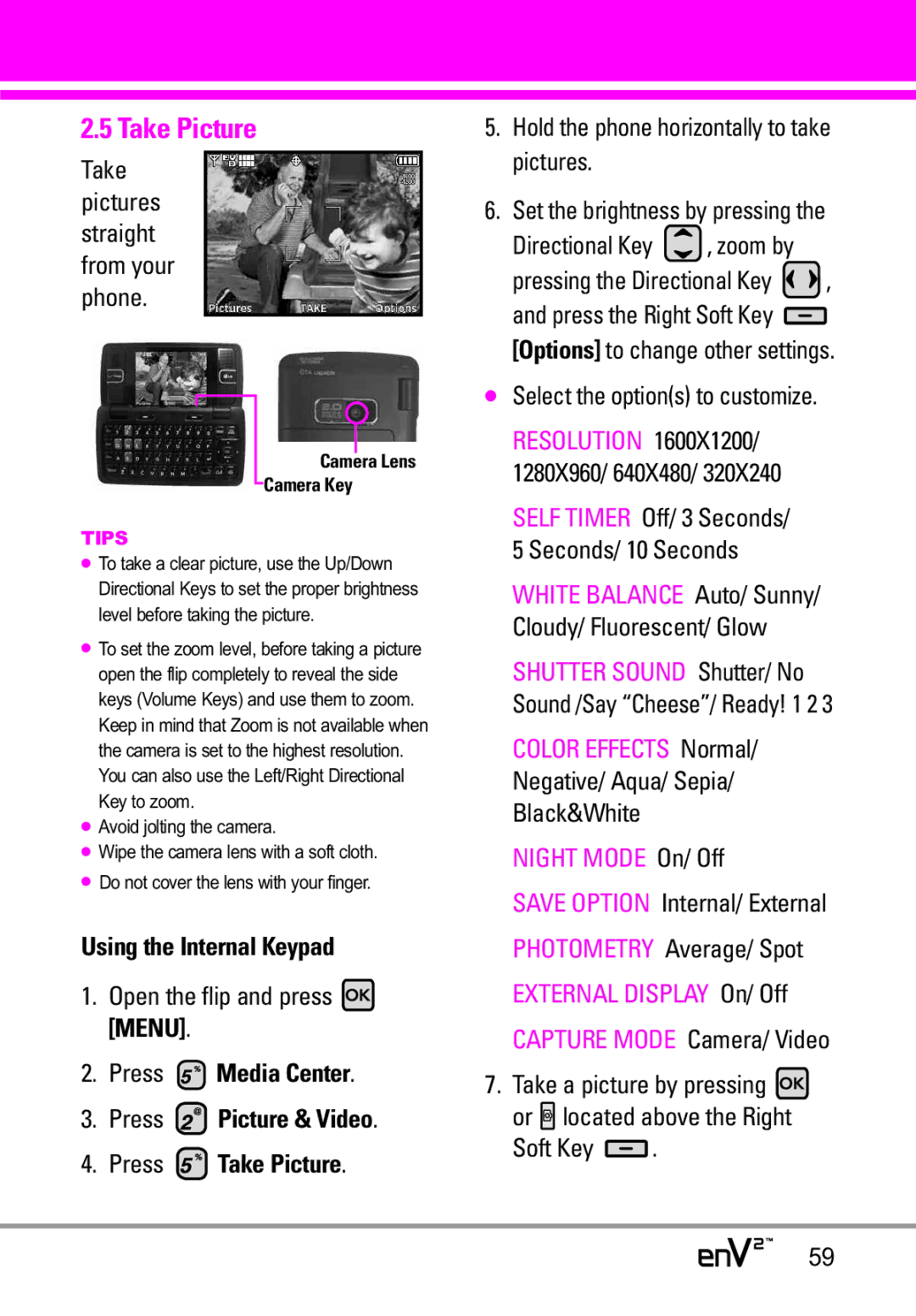 LG Electronics EnV2 manual Press Media Center Press Picture & Video Press Take Picture, Soft Key 