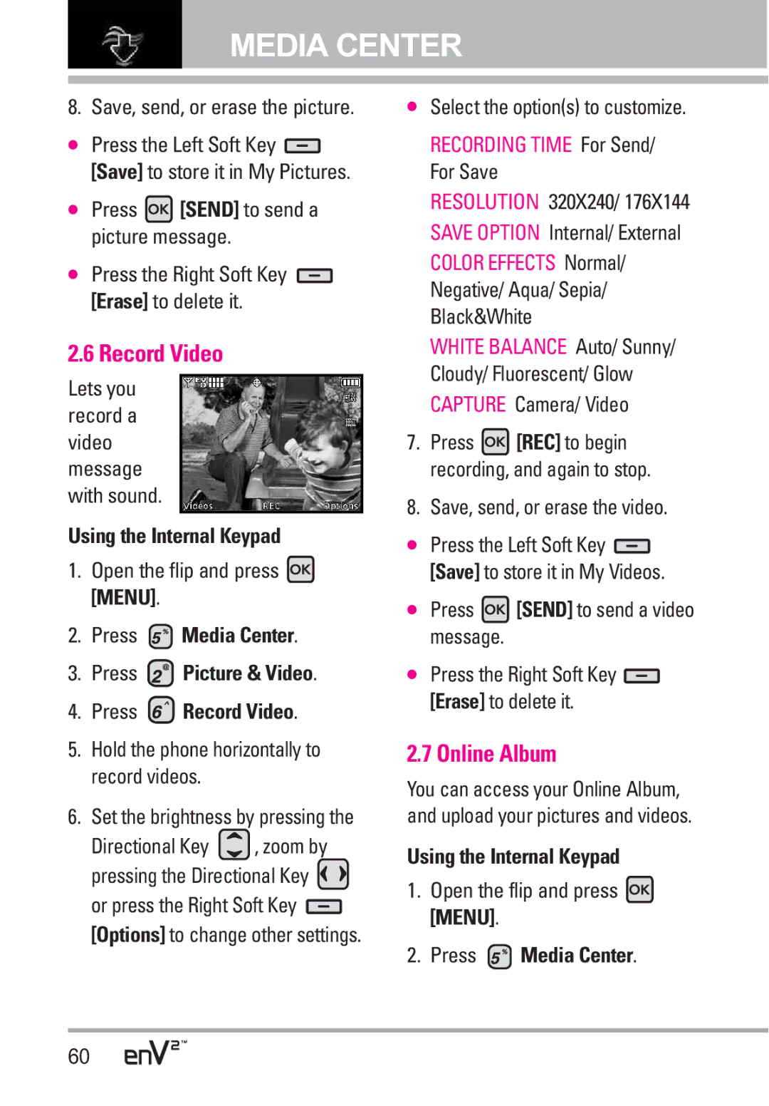 LG Electronics EnV2 manual Online Album, Press Media Center Press Picture & Video Press Record Video 