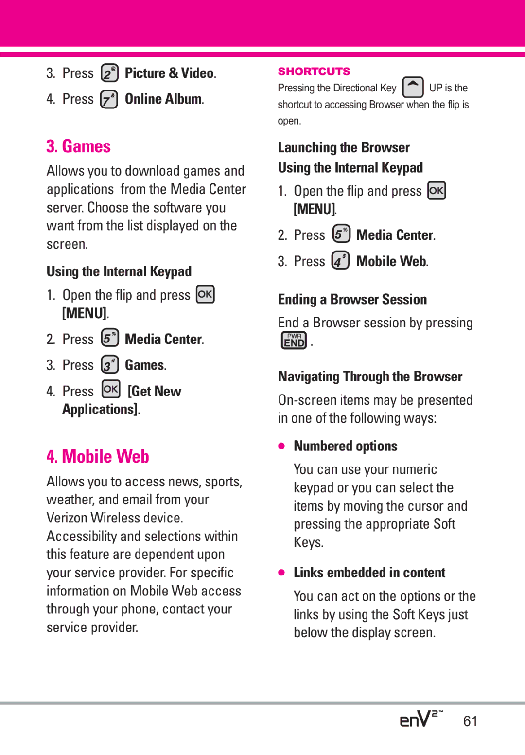 LG Electronics EnV2 manual Games, Mobile Web 