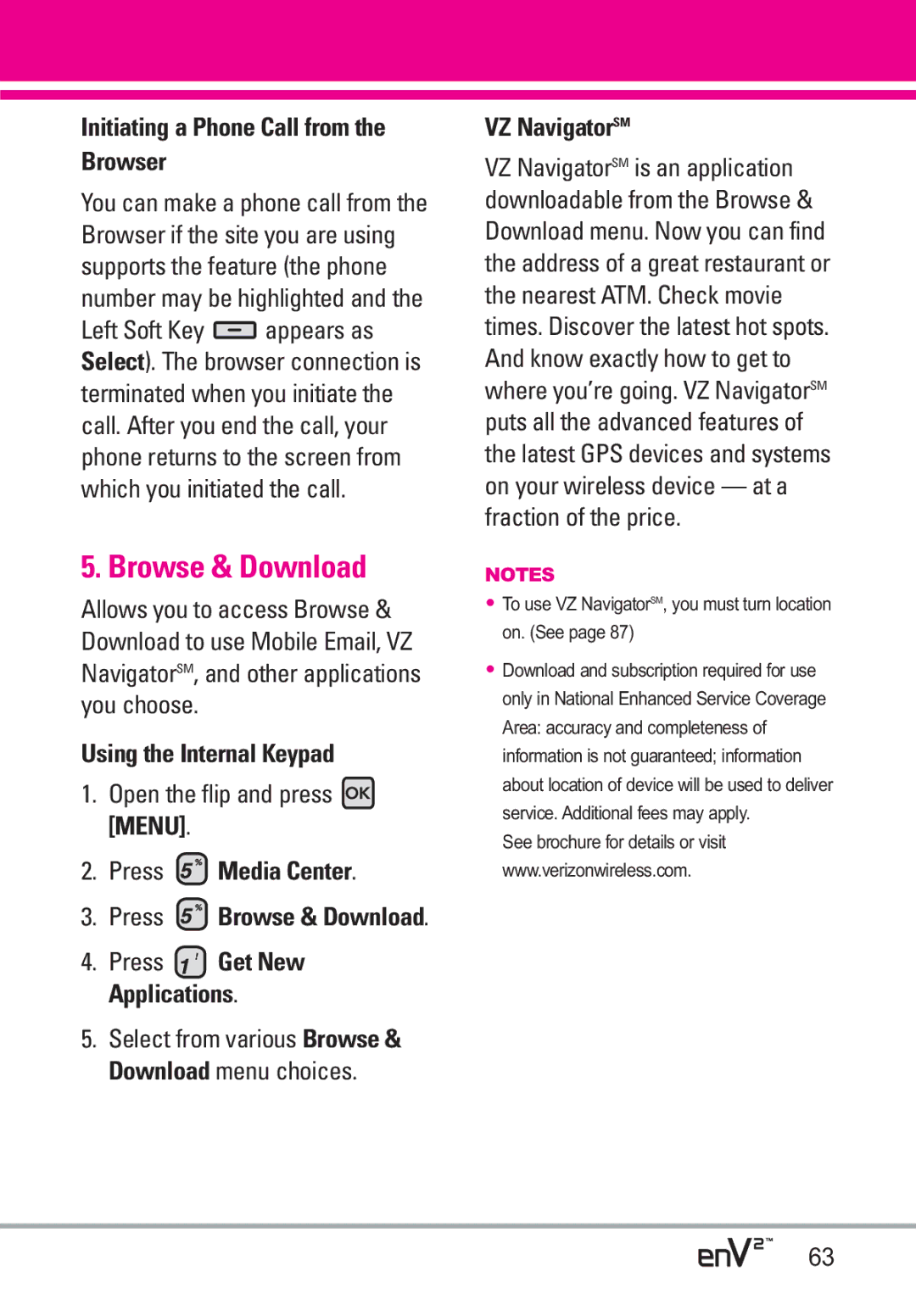 LG Electronics EnV2 manual Browse & Download, Initiating a Phone Call from the Browser, VZ NavigatorSM 
