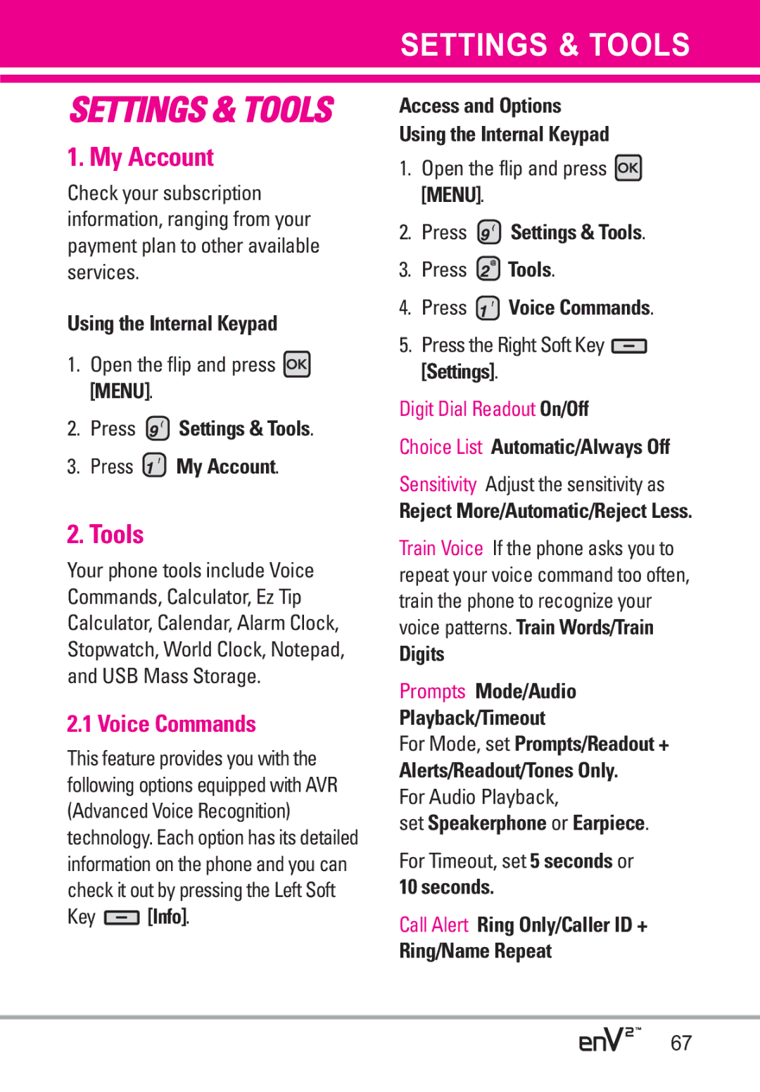 LG Electronics EnV2 manual My Account, Tools, Voice Commands 