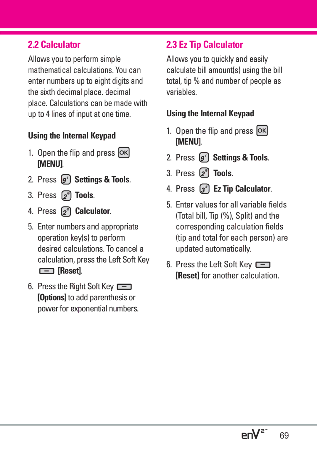 LG Electronics EnV2 manual Press Calculator, Press Ez Tip Calculator 