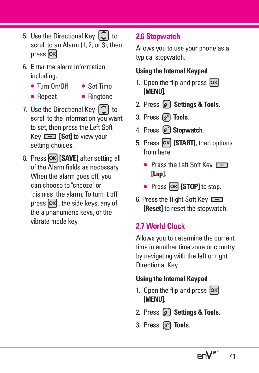 LG Electronics EnV2 manual World Clock, Key Set to view your setting choices, Press Stopwatch 