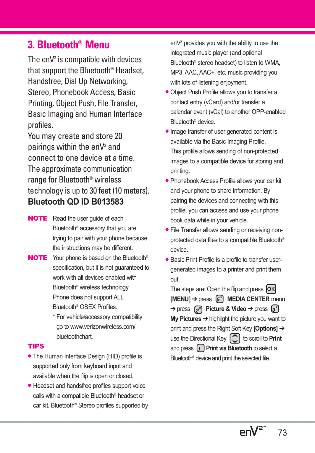 LG Electronics EnV2 manual Bluetooth Menu 