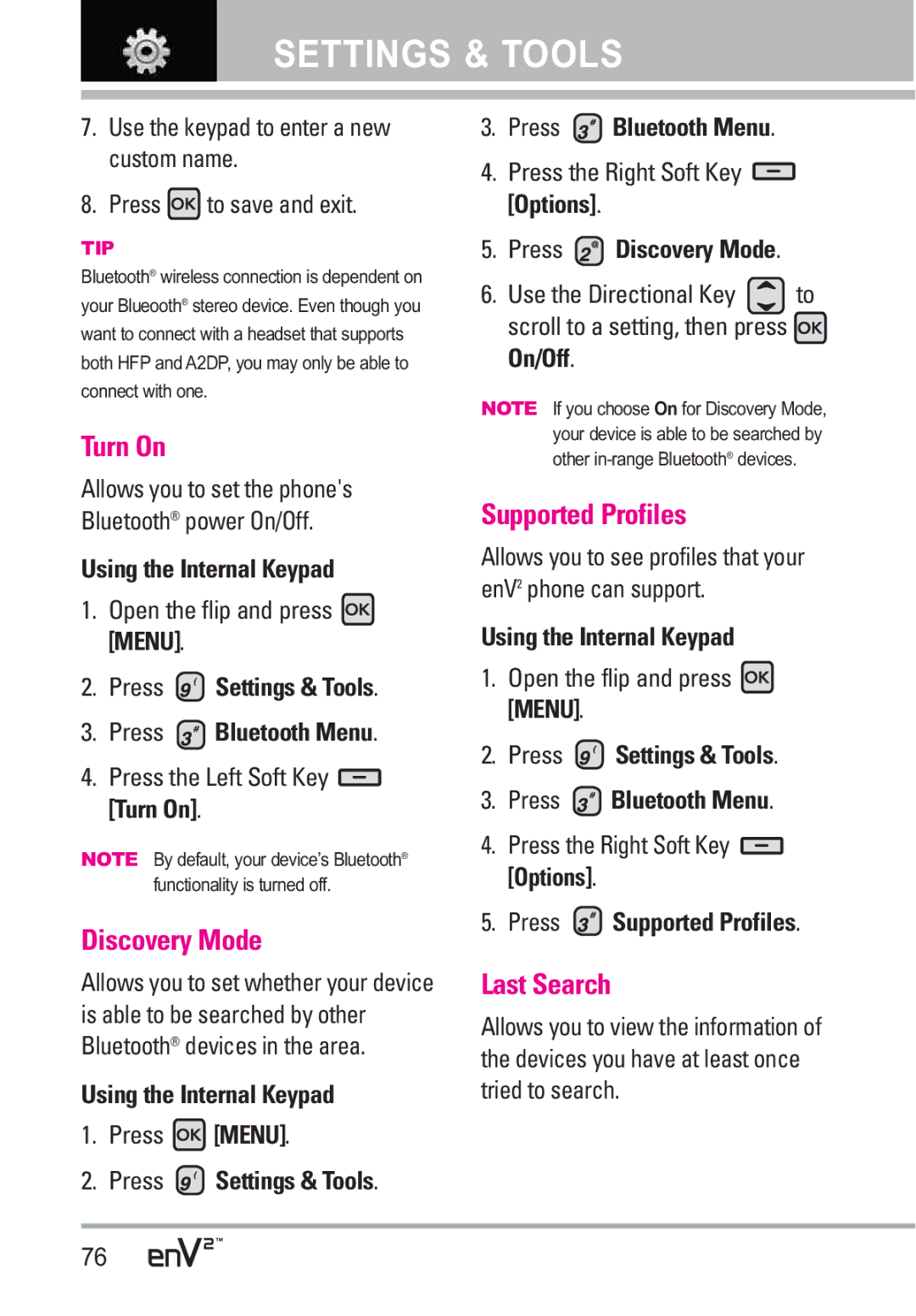 LG Electronics EnV2 manual Turn On, Discovery Mode, Supported Profiles, Last Search 