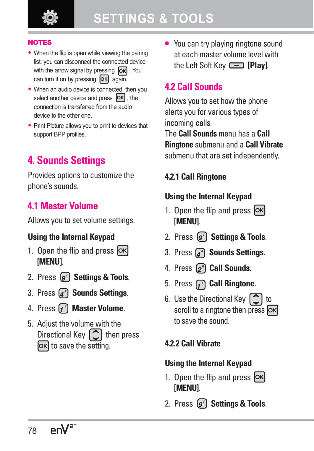 LG Electronics EnV2 manual Sounds Settings, Master Volume, Call Sounds, Call Ringtone Using the Internal Keypad 