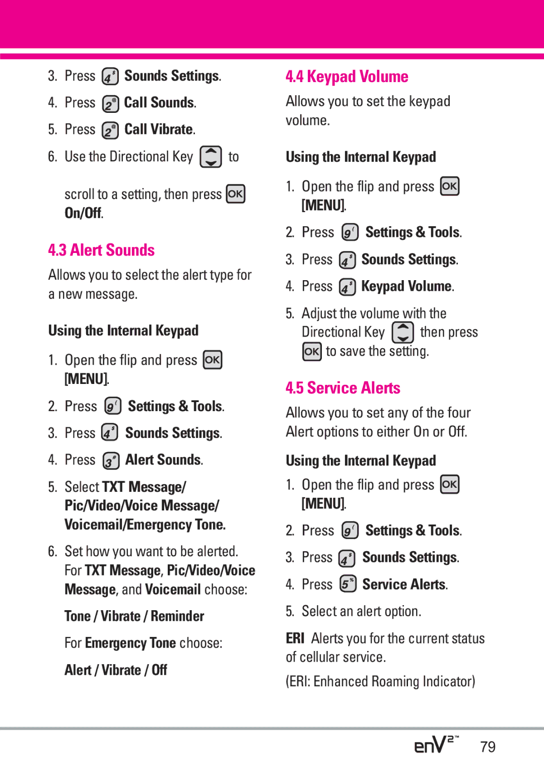 LG Electronics EnV2 manual Alert Sounds, Keypad Volume, Service Alerts, Alert / Vibrate / Off 