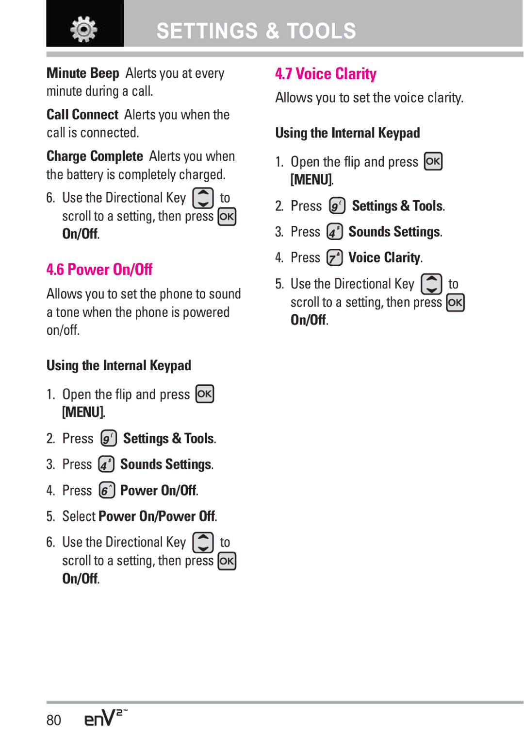 LG Electronics EnV2 manual Power On/Off, Voice Clarity, Call Connect Alerts you when the call is connected 