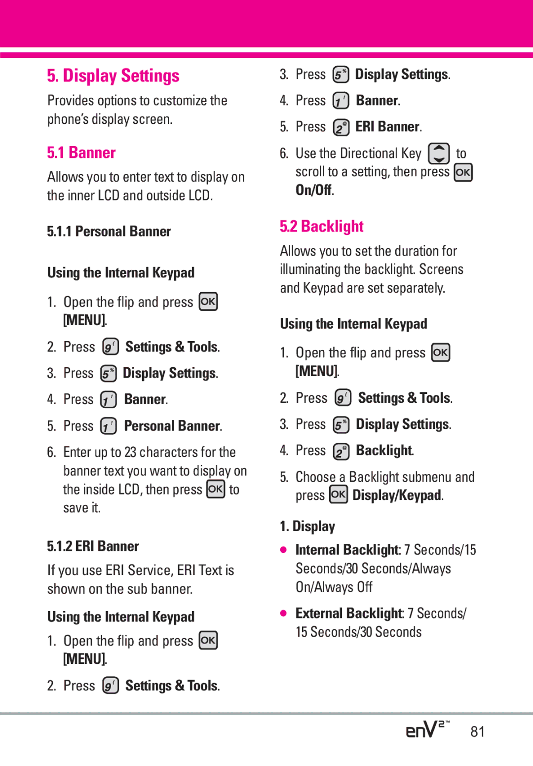 LG Electronics EnV2 manual Display Settings, Banner, Backlight 