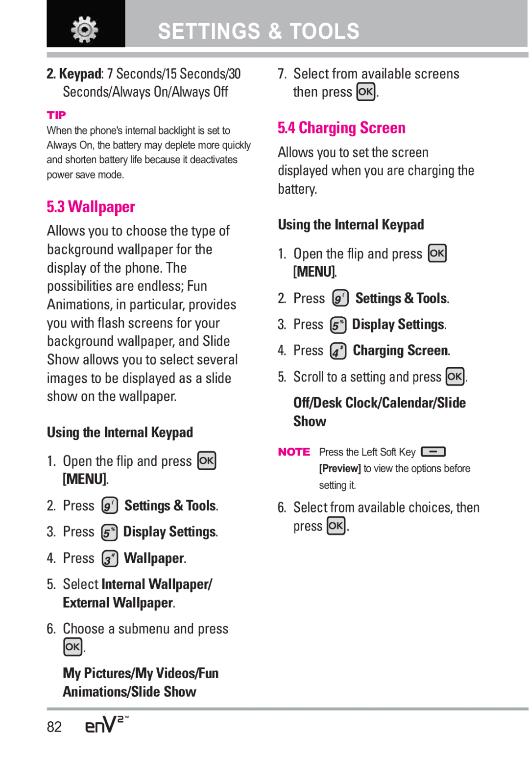 LG Electronics EnV2 manual Wallpaper, Charging Screen 