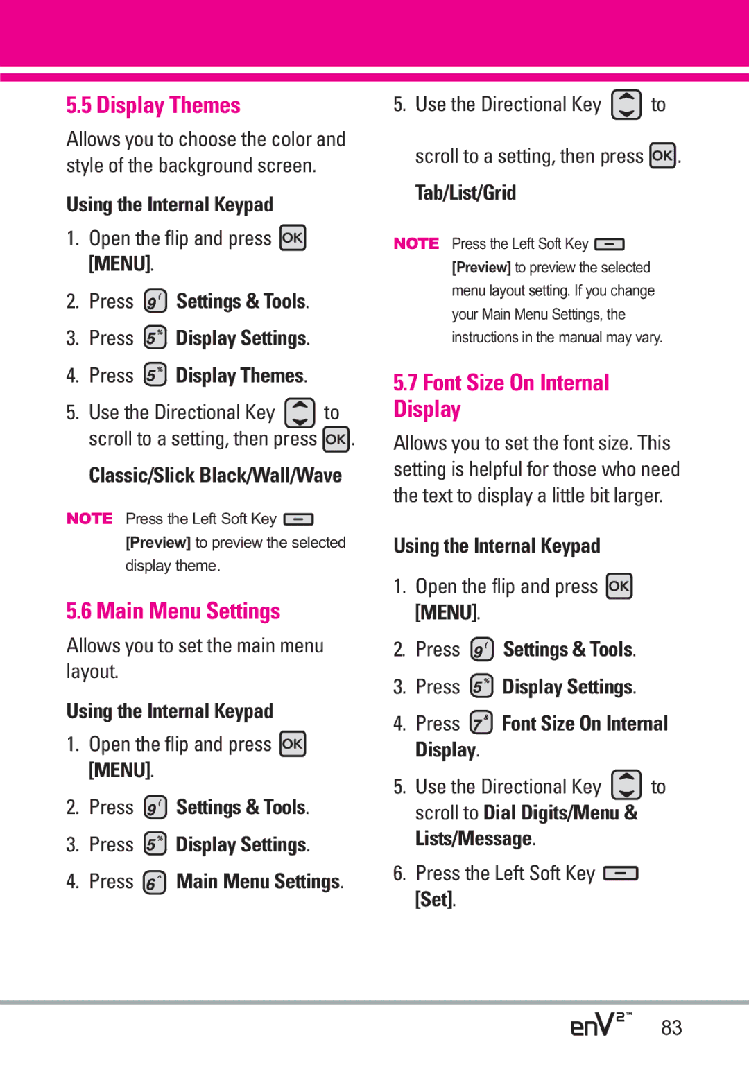 LG Electronics EnV2 manual Display Themes, Main Menu Settings, Font Size On Internal Display, Tab/List/Grid 