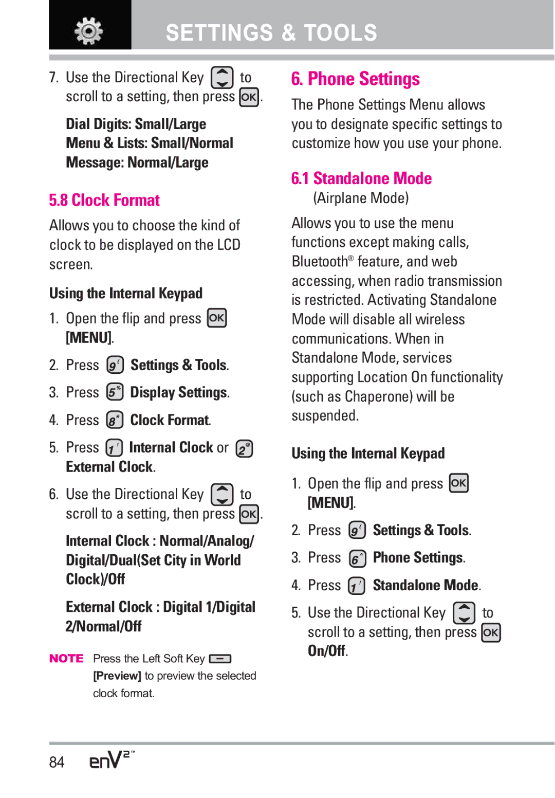 LG Electronics EnV2 manual Phone Settings, Clock Format, Standalone Mode, External Clock Digital 1/Digital 2/Normal/Off 