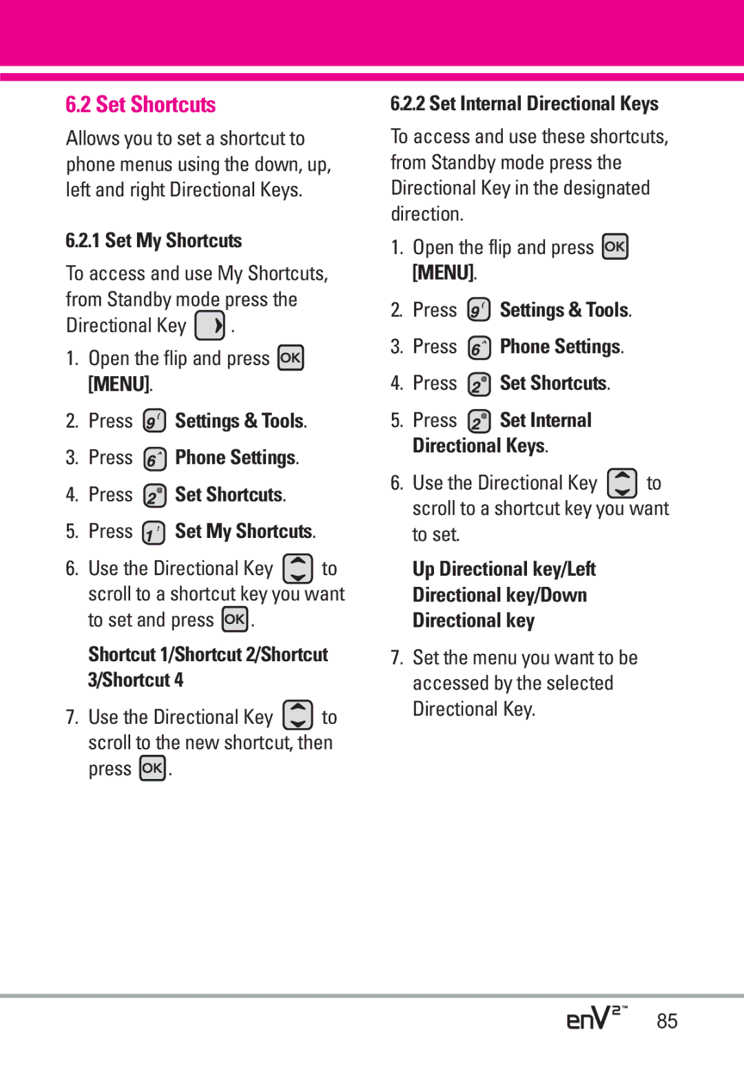 LG Electronics EnV2 manual Set Shortcuts, Set My Shortcuts, Directional Key Open the flip and press Menu 