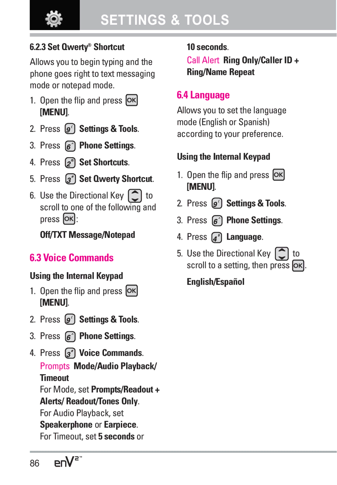 LG Electronics EnV2 manual Language 