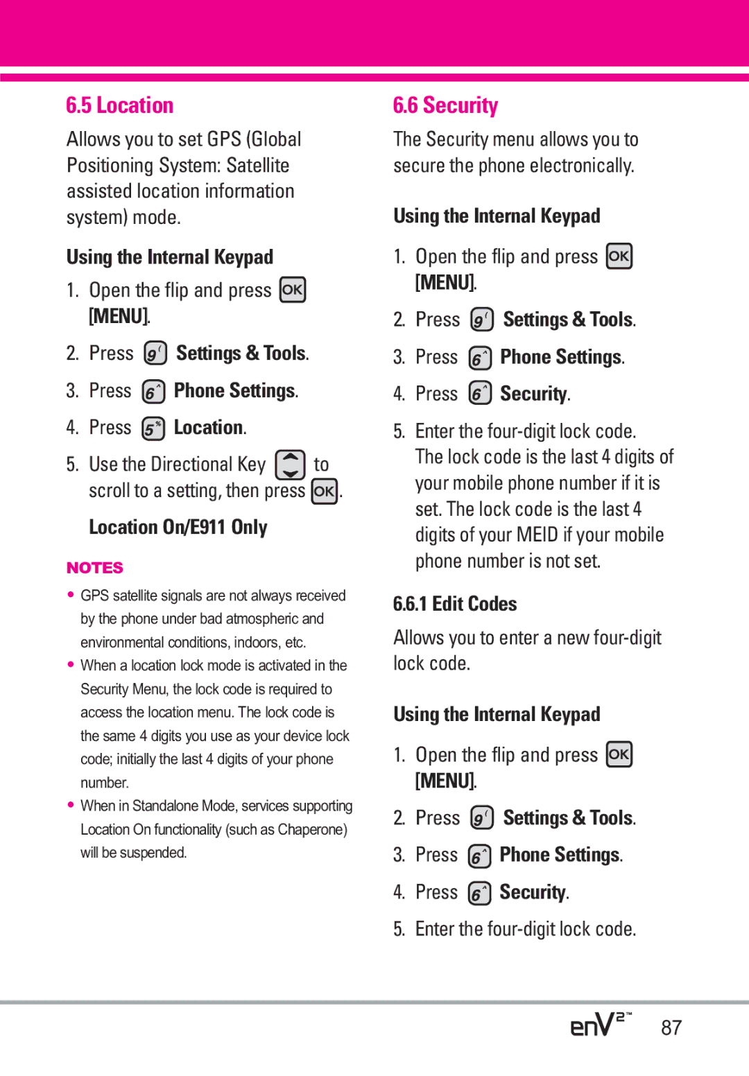 LG Electronics EnV2 manual Location, Security 