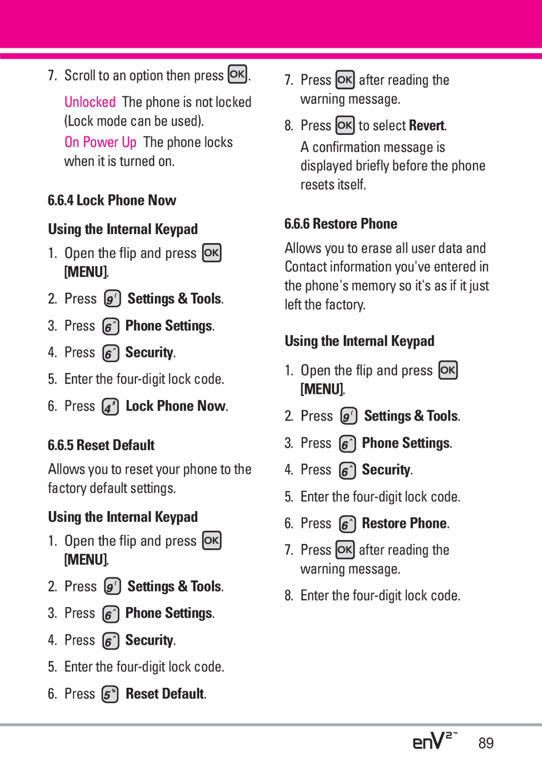 LG Electronics EnV2 Lock Phone Now Using the Internal Keypad, Press Lock Phone Now Reset Default, Press Reset Default 