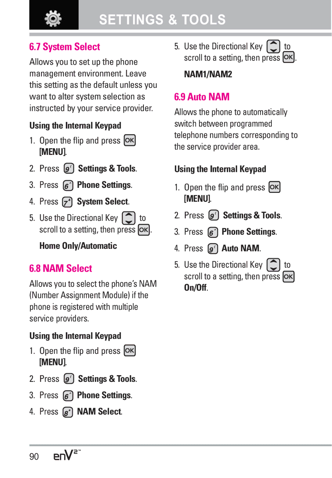 LG Electronics EnV2 manual System Select, NAM Select, Auto NAM, Home Only/Automatic 