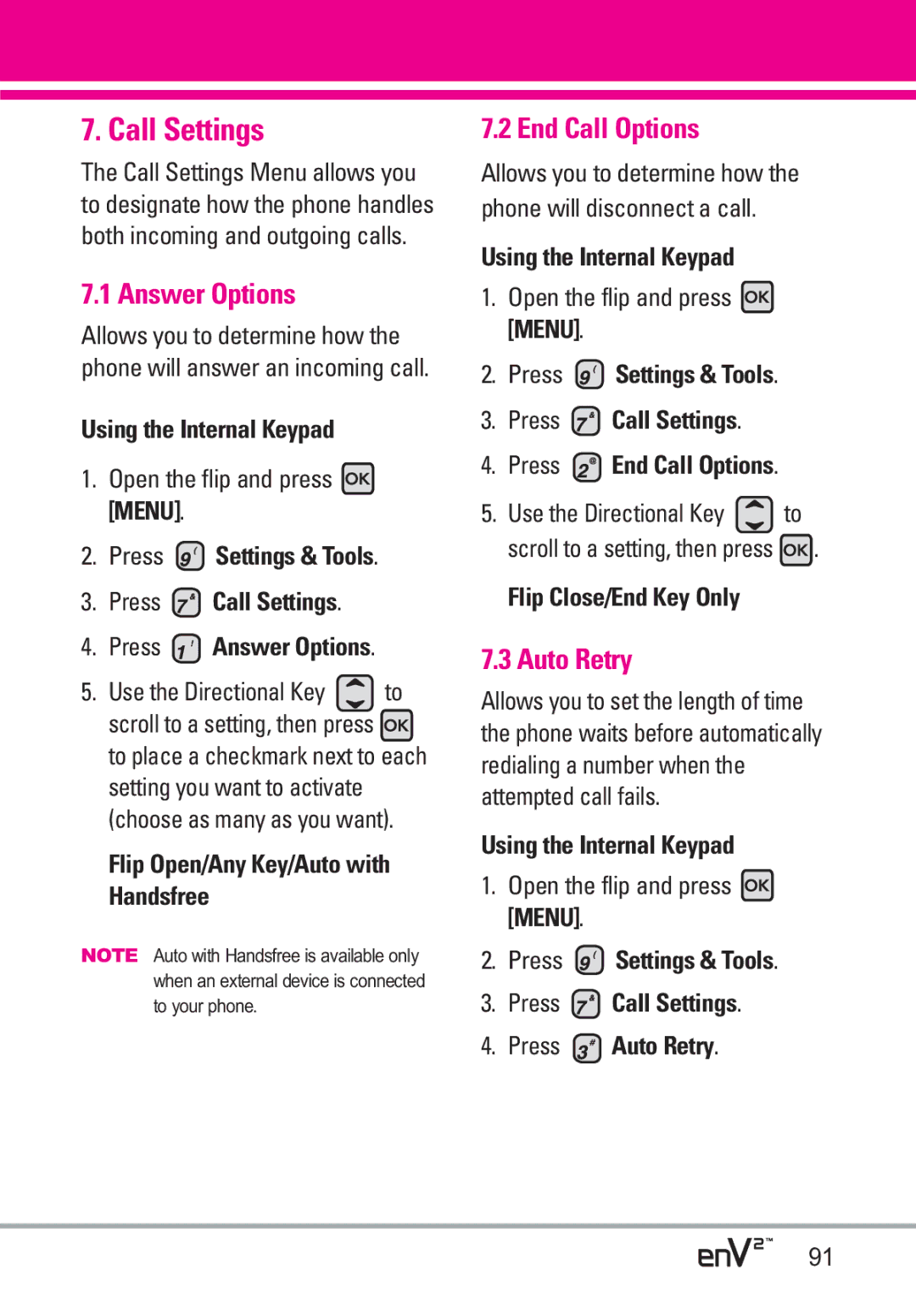 LG Electronics EnV2 manual Call Settings, Answer Options, End Call Options, Auto Retry 