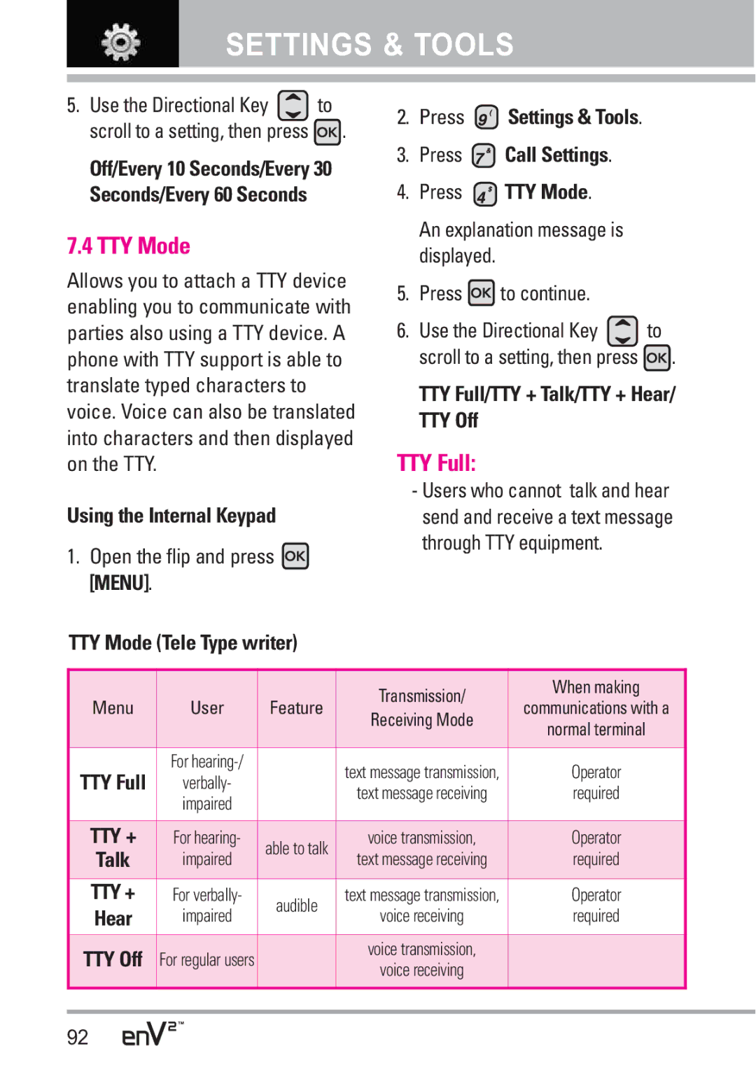 LG Electronics EnV2 manual TTY Mode, Press to continue, TTY Full/TTY + Talk/TTY + Hear/ TTY Off 