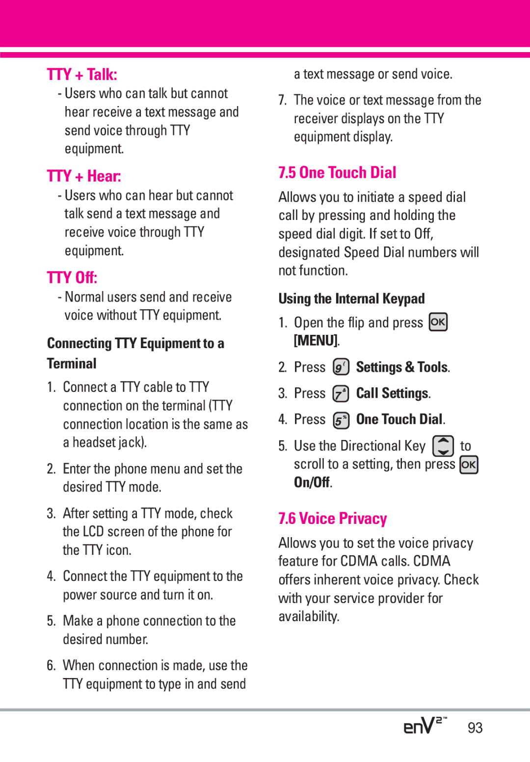 LG Electronics EnV2 manual TTY + Talk, TTY + Hear, TTY Off, One Touch Dial, Voice Privacy 