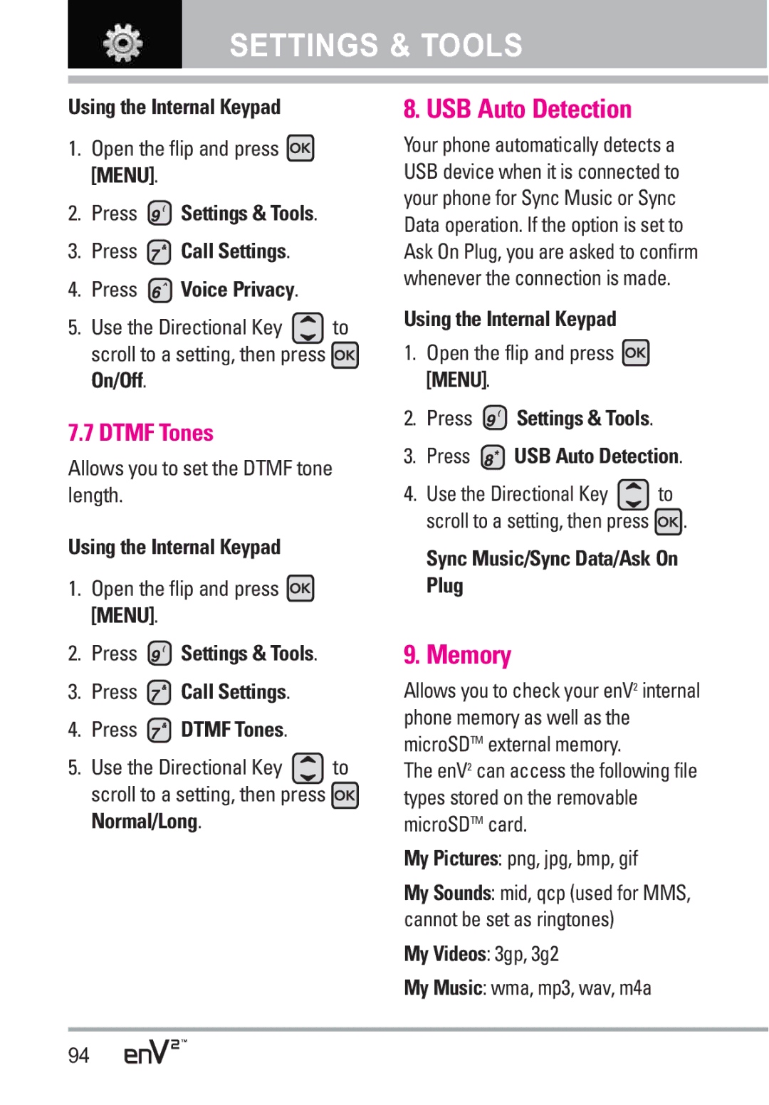 LG Electronics EnV2 manual USB Auto Detection, Memory, Dtmf Tones 