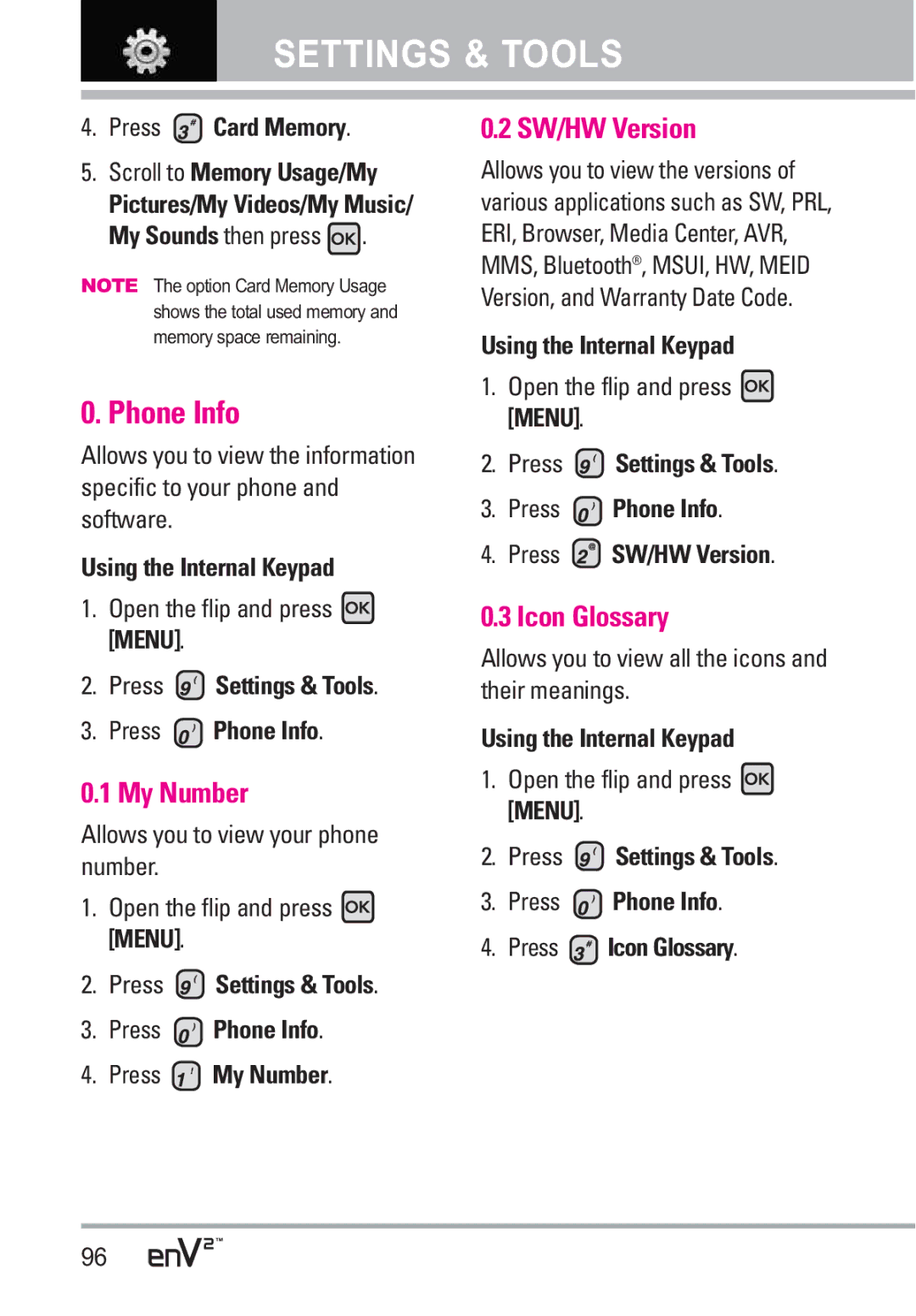 LG Electronics EnV2 manual Phone Info, My Number, SW/HW Version, Icon Glossary 