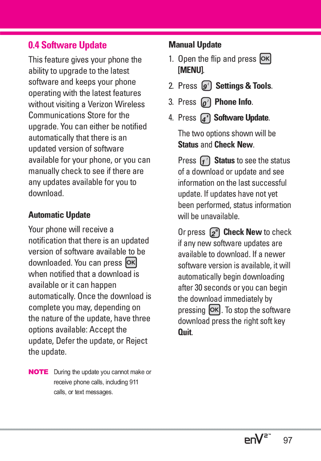 LG Electronics EnV2 manual Software Update, Automatic Update, Manual Update 