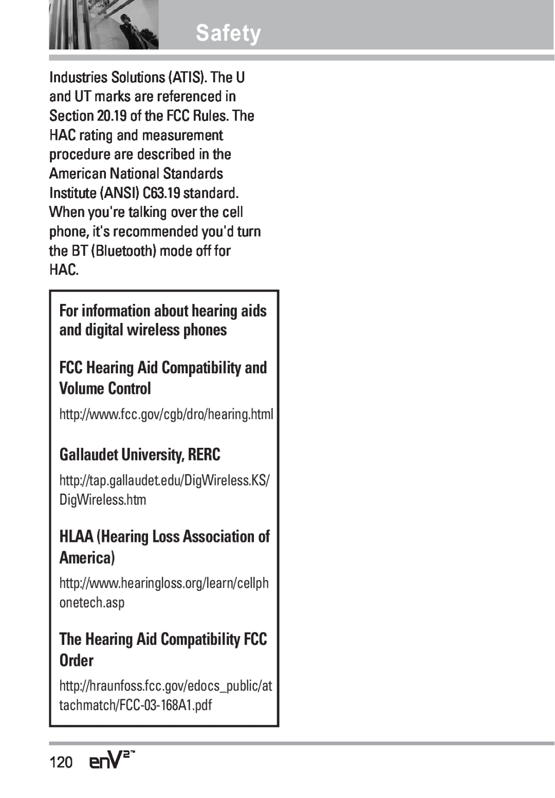 LG Electronics EnV2 manual Safety, Gallaudet University, RERC, HLAA Hearing Loss Association of America, onetech.asp 
