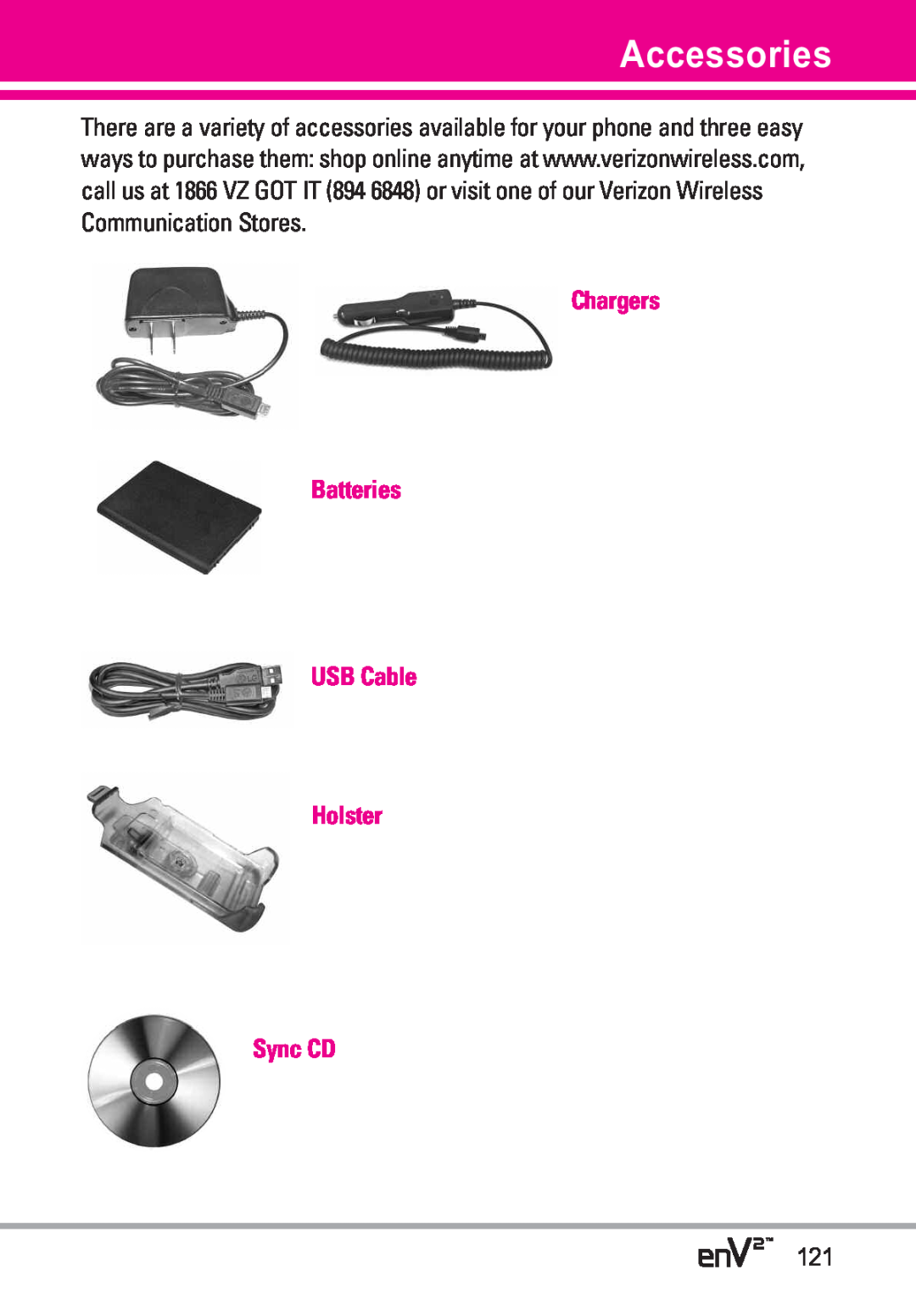 LG Electronics EnV2 manual Accessories, Chargers Batteries USB Cable Holster Sync CD 