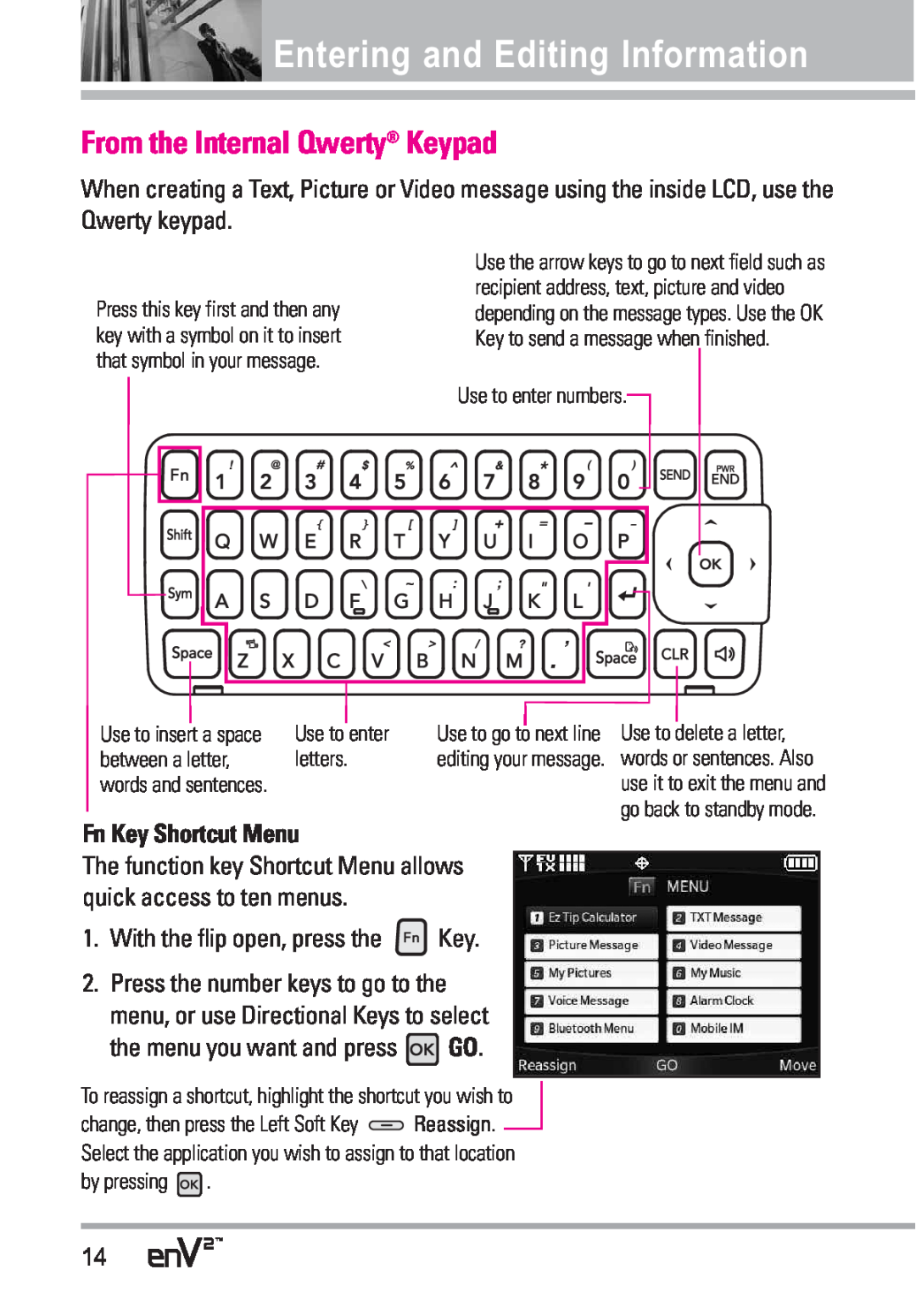 LG Electronics EnV2 manual Entering and Editing Information, From the Internal Qwerty Keypad, Fn Key Shortcut Menu 