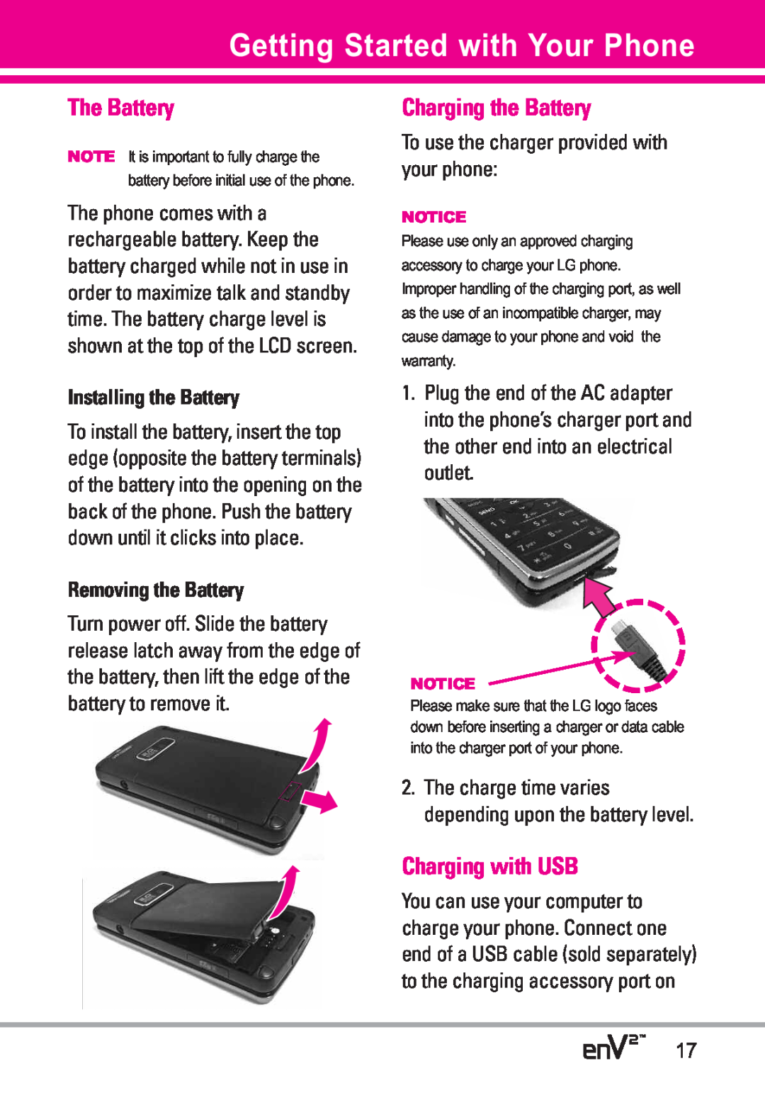 LG Electronics EnV2 manual Getting Started with Your Phone, The Battery, Charging the Battery, Charging with USB 