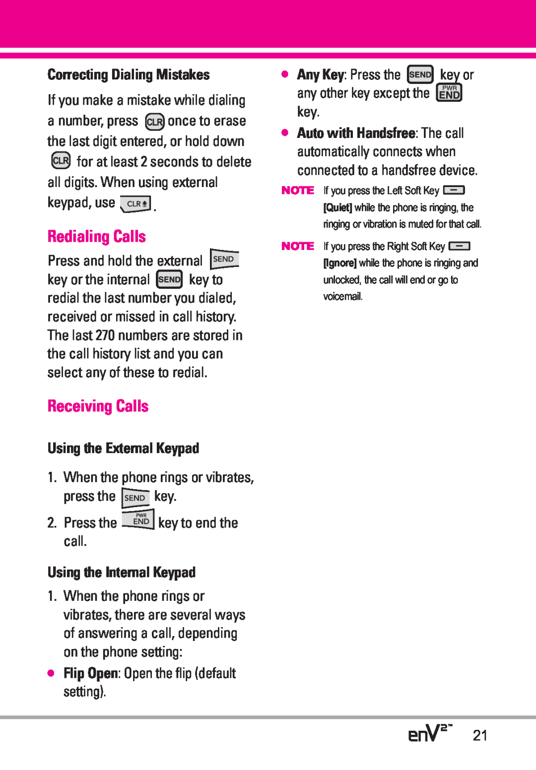 LG Electronics EnV2 Redialing Calls, Receiving Calls, Correcting Dialing Mistakes, If you make a mistake while dialing 