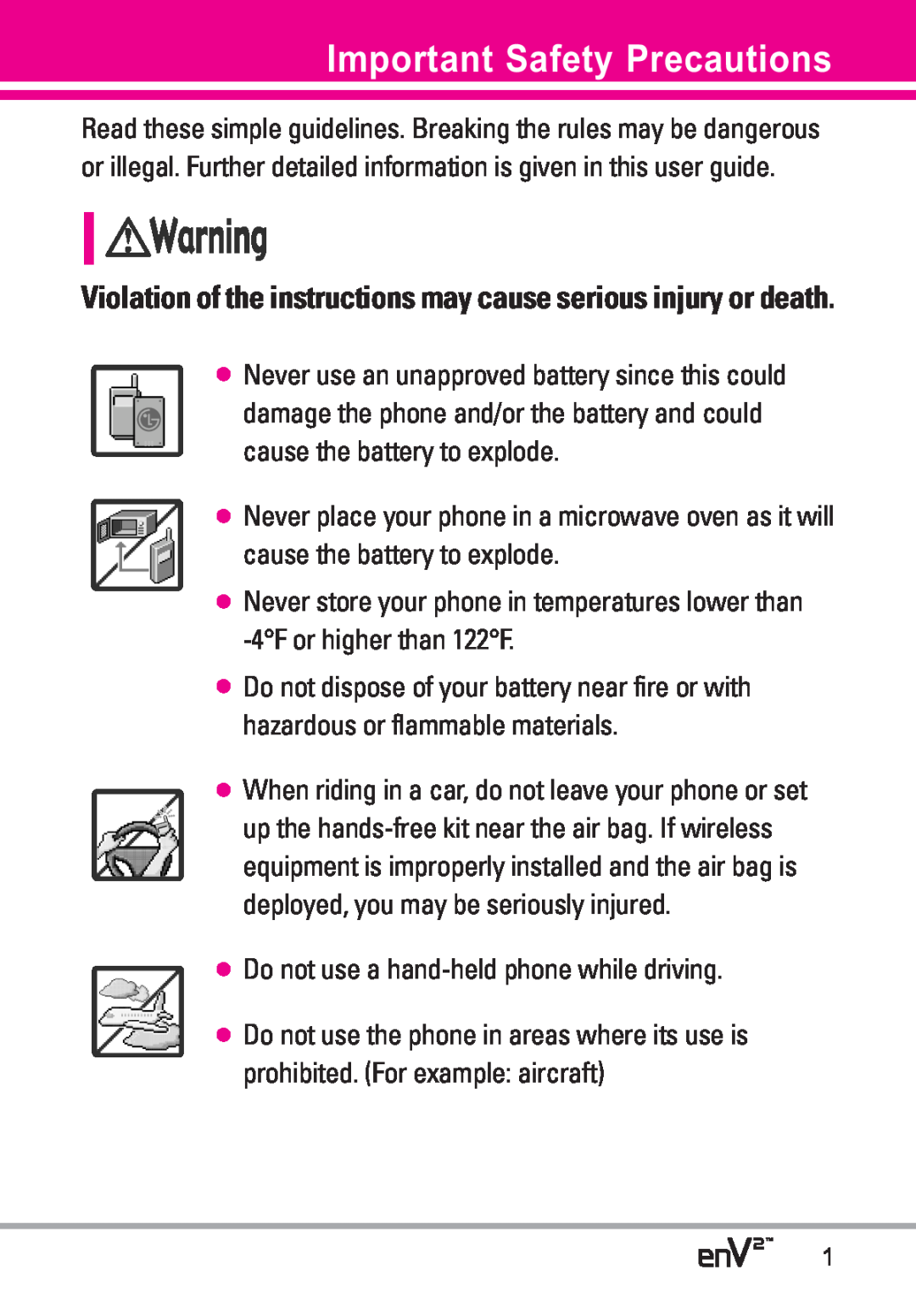 LG Electronics EnV2 manual Important Safety Precautions 
