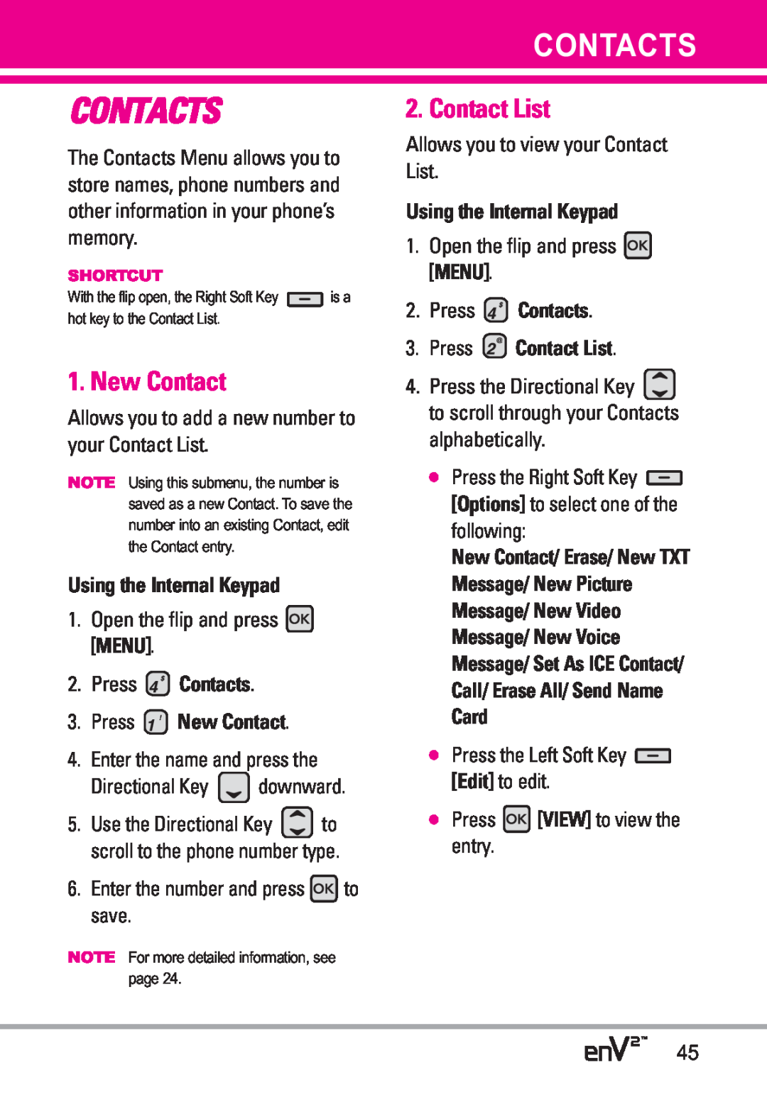 LG Electronics EnV2 manual Contact List, Using the Internal Keypad, Press Contacts 3. Press New Contact 