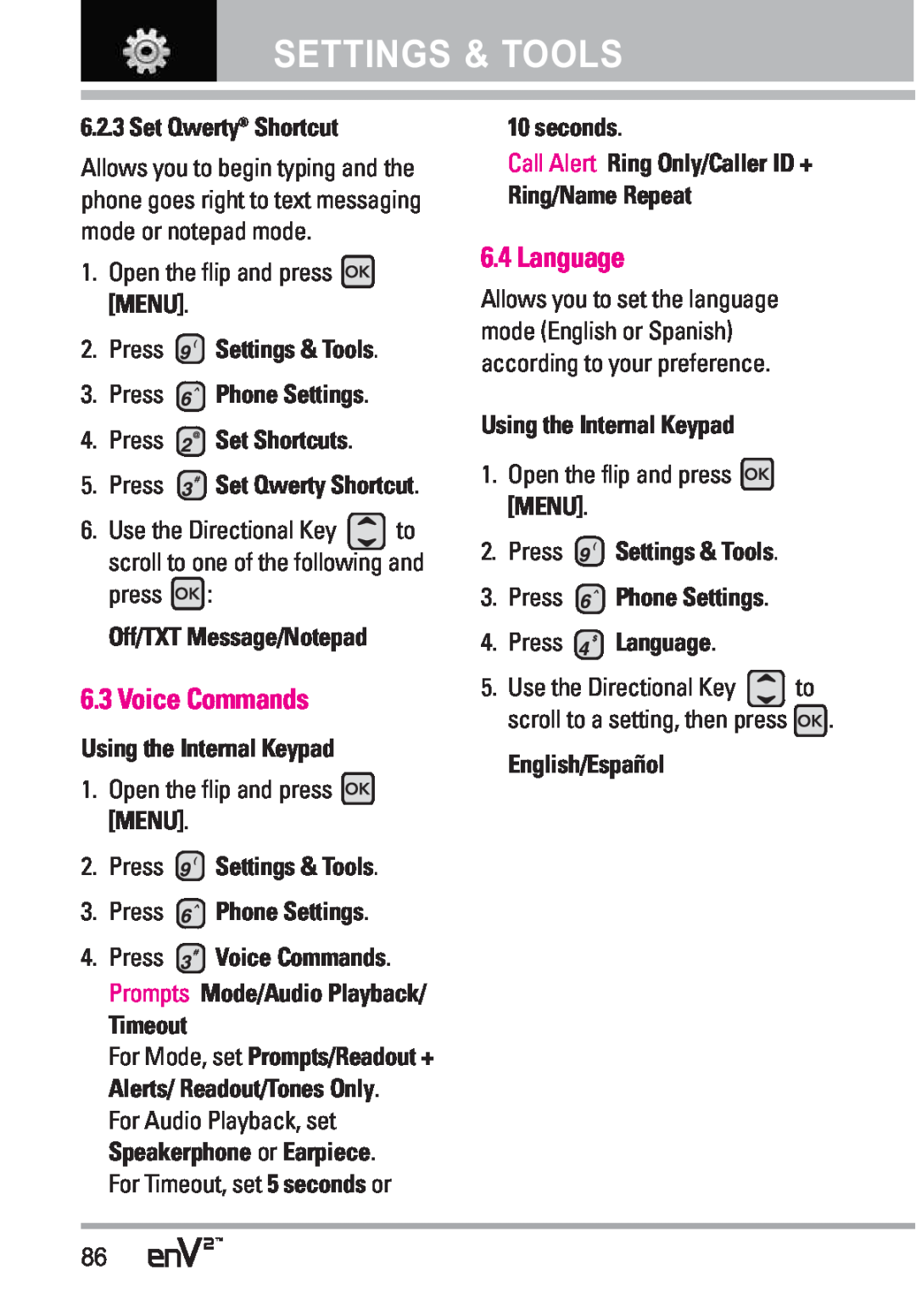 LG Electronics EnV2 manual Voice Commands, Language, Settings & Tools, Set Qwerty Shortcut, Press Set Shortcuts, Timeout 