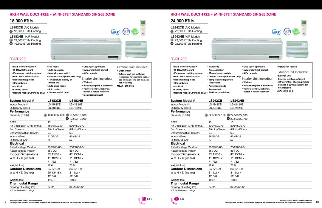 LG Electronics ESG-2008-V1 specifications 18,000 BTUs, 24,000 BTUs, LS182CE LS182HE, LS242CE LS242HE 