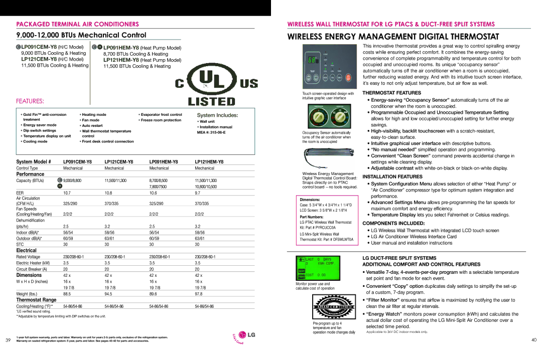 LG Electronics ESG-2008-V1 specifications 000-12,000 BTUs Mechanical Control, Thermostat Range 