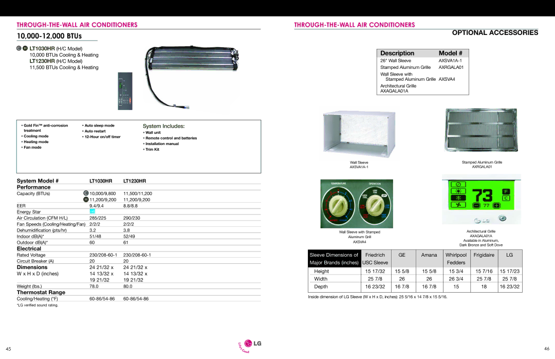 LG Electronics ESG-2008-V1 specifications 10,000-12,000 BTUs, Description Model #, LT1030HR LT1230HR 