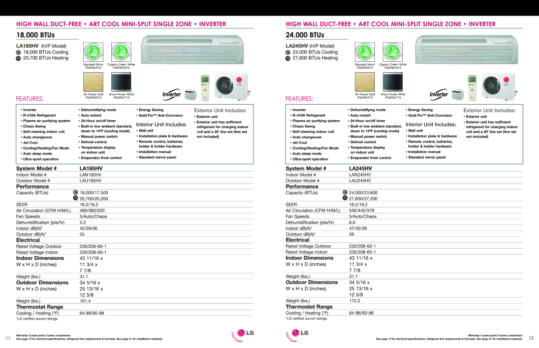 LG Electronics ESG-2008-V1 specifications LA185HV, LA245HV 