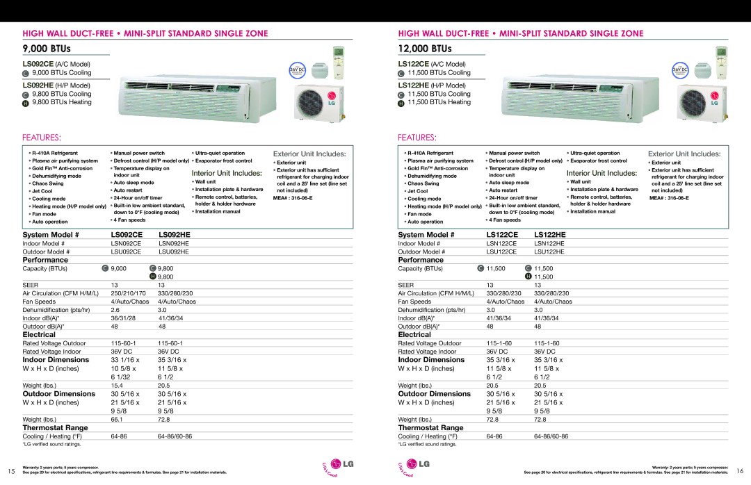 LG Electronics ESG-2008-V1 12,000 BTUs, High Wall DUCT-FREE MINI-SPLIT Standard Single Zone, LS092CE LS092HE 