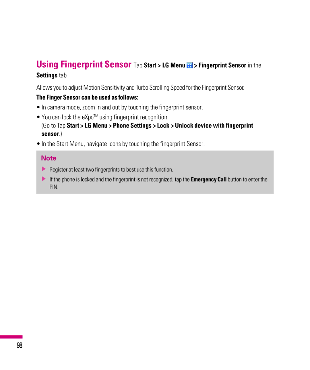 LG Electronics eXpo manual Finger Sensor can be used as follows 