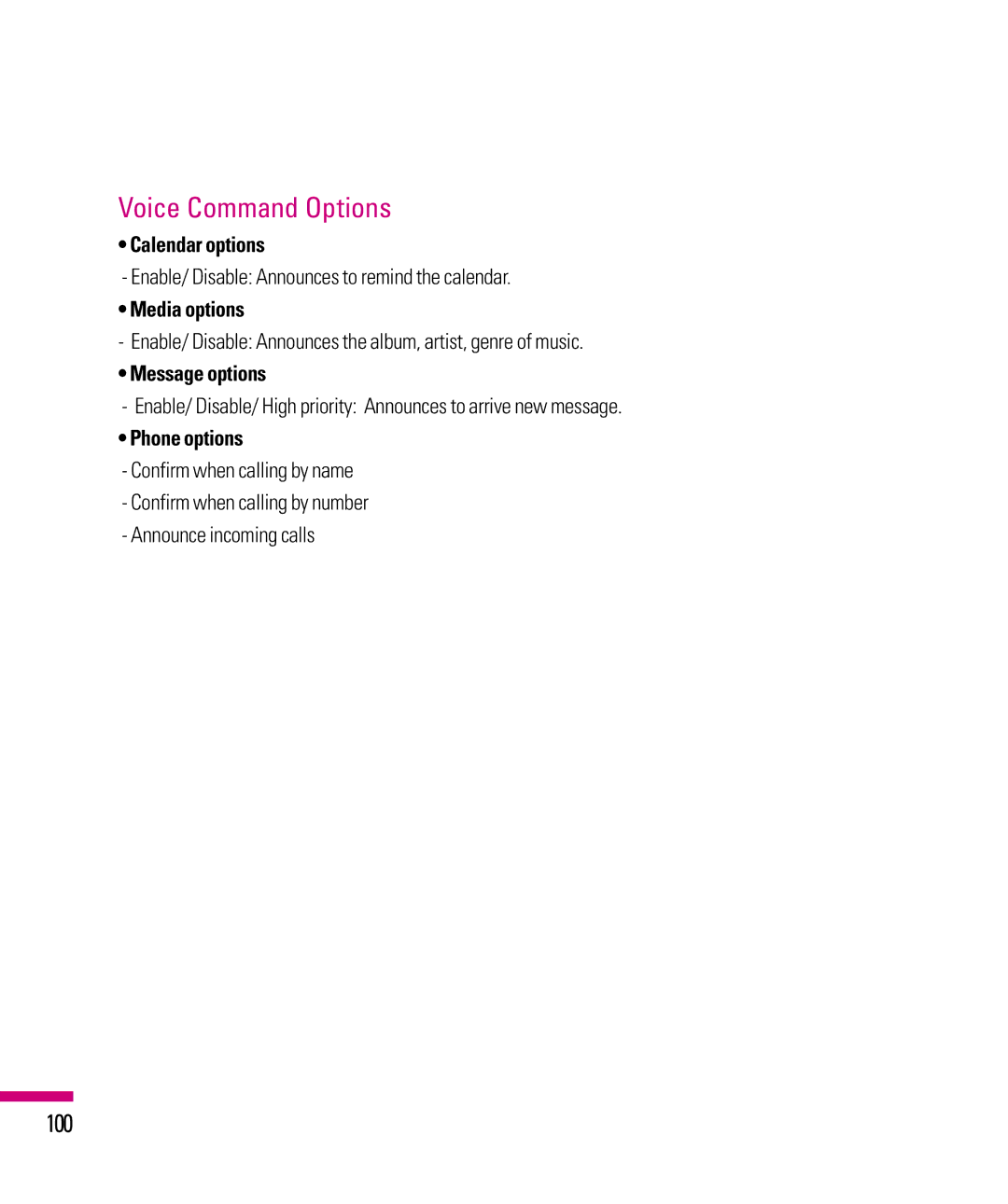 LG Electronics eXpo manual Voice Command Options, 100 