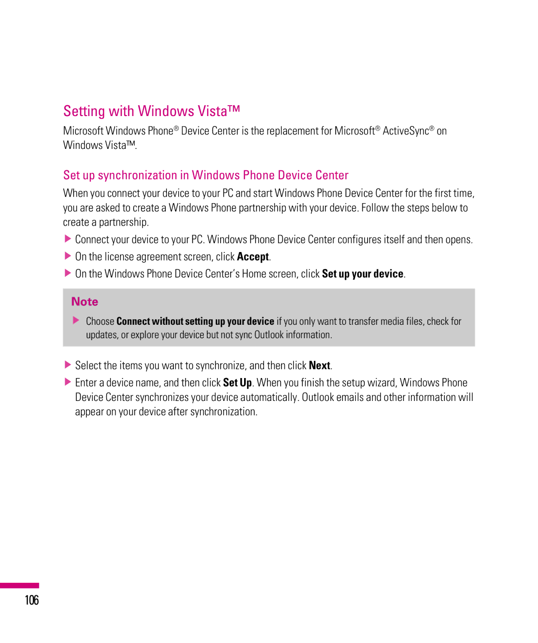 LG Electronics eXpo manual Setting with Windows Vista, 106, Set up synchronization in Windows Phone Device Center 