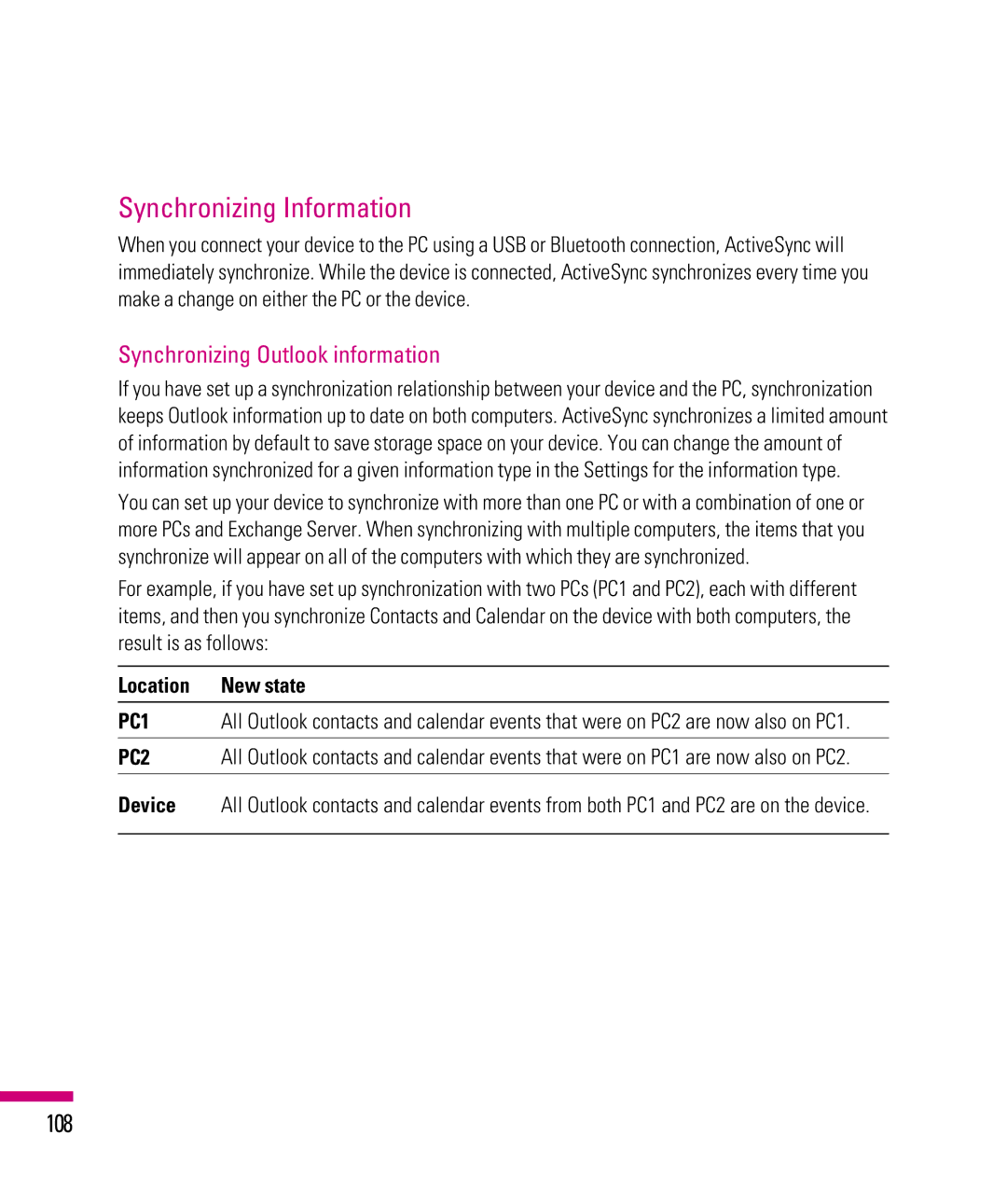 LG Electronics eXpo manual Synchronizing Information, 108, Synchronizing Outlook information, Location New state, Device 