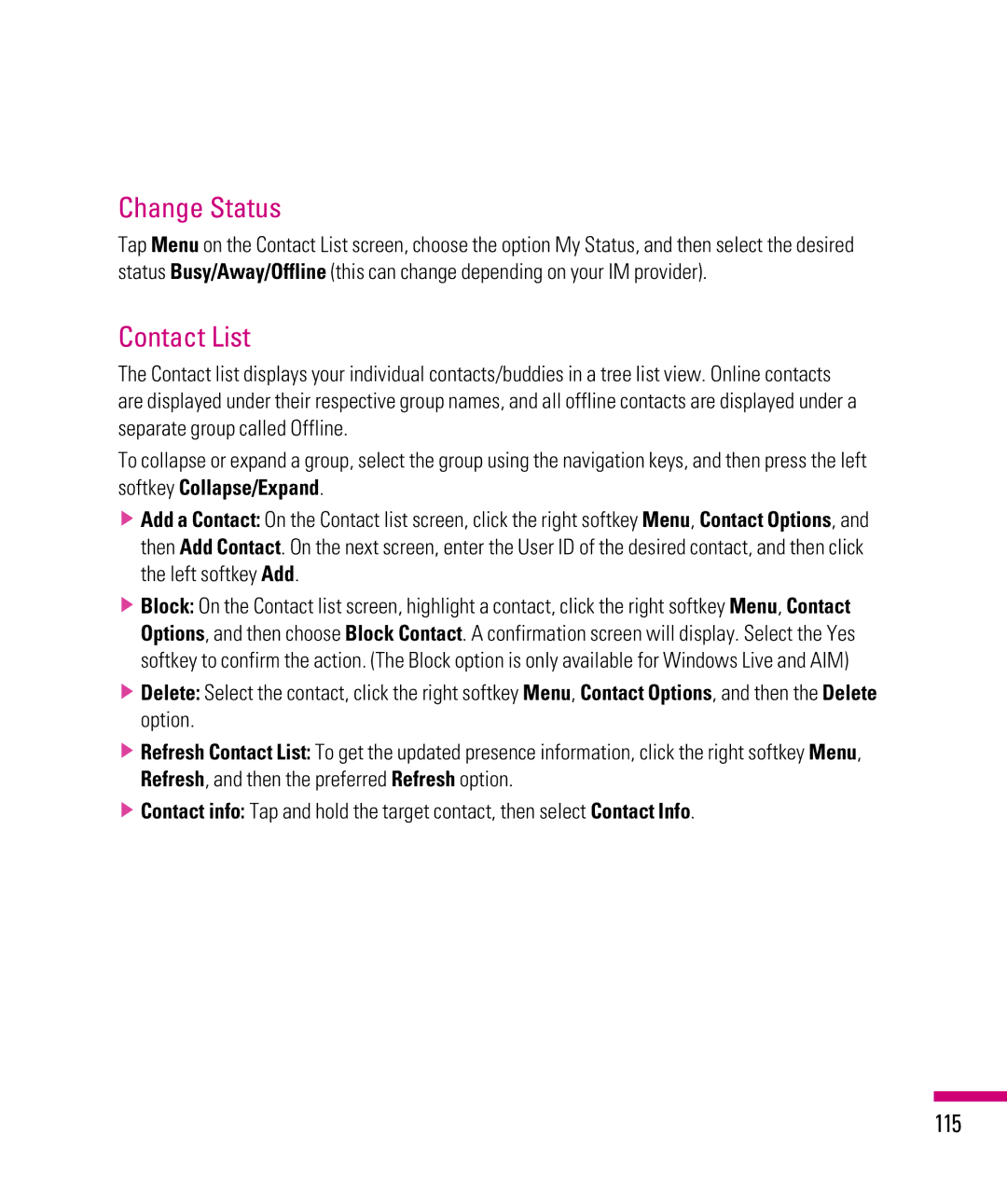 LG Electronics eXpo manual Change Status, Contact List, 115 