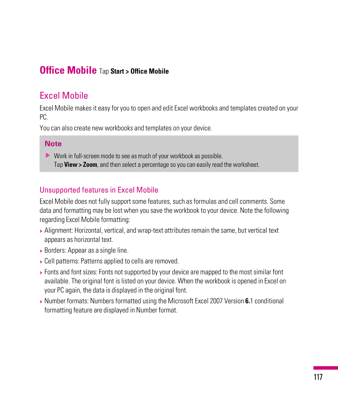 LG Electronics eXpo manual 117, Unsupported features in Excel Mobile, Office Mobile Tap Start Office Mobile 