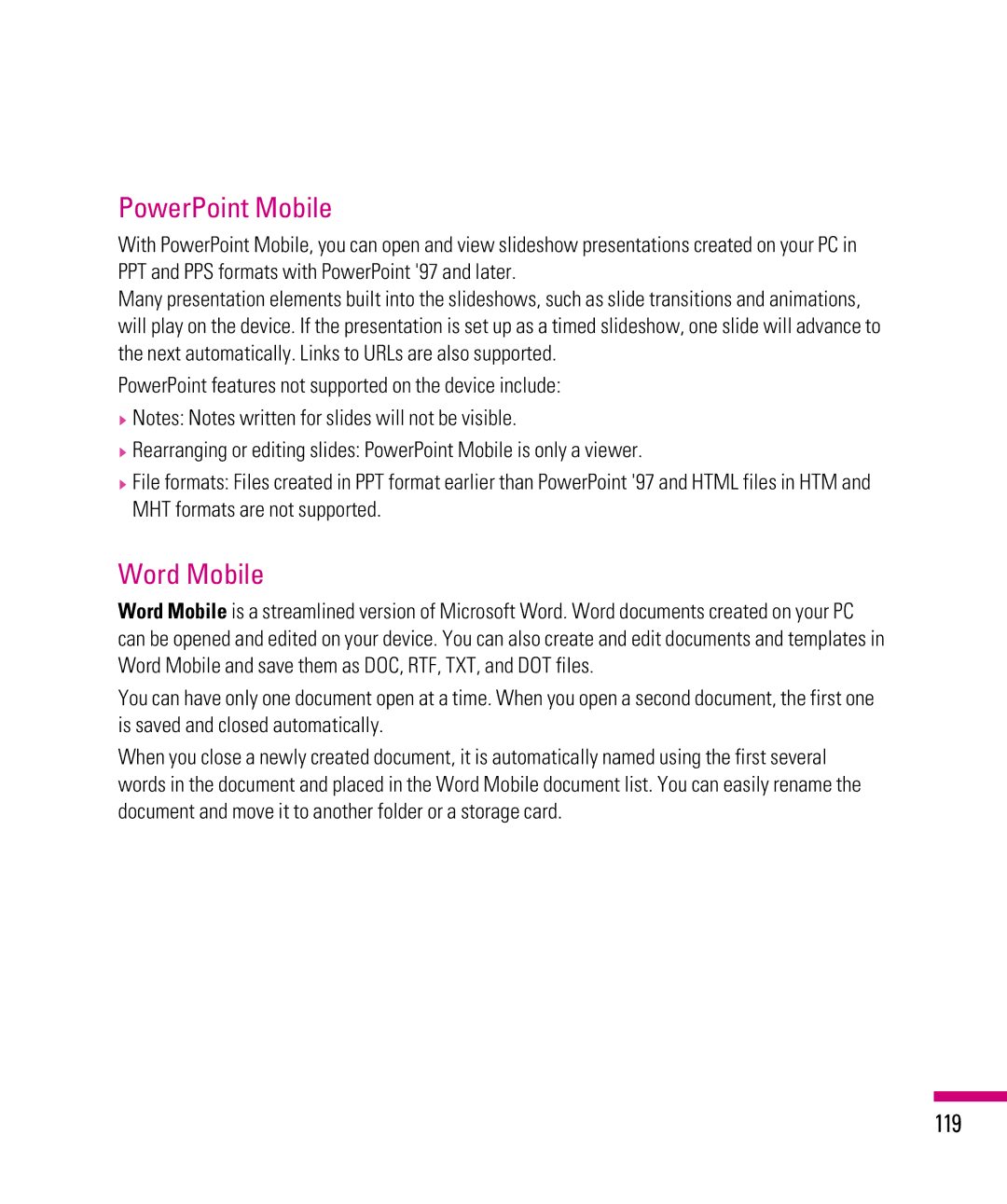 LG Electronics eXpo manual PowerPoint Mobile, Word Mobile, 119 