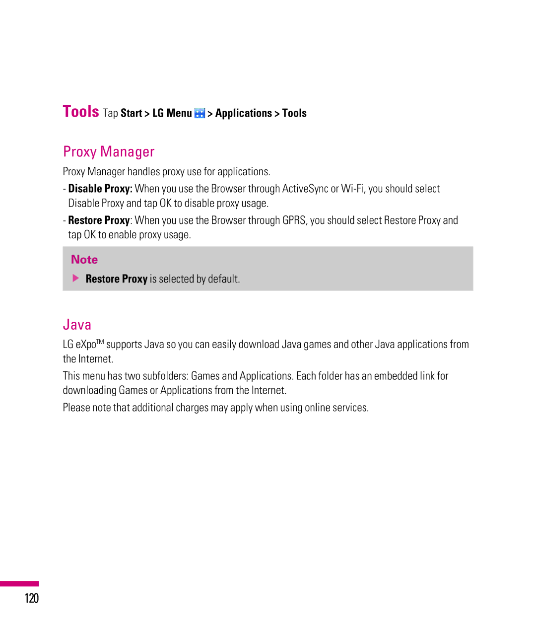 LG Electronics eXpo manual Proxy Manager, Java, 120, Tools Tap Start LG Menu Applications Tools 