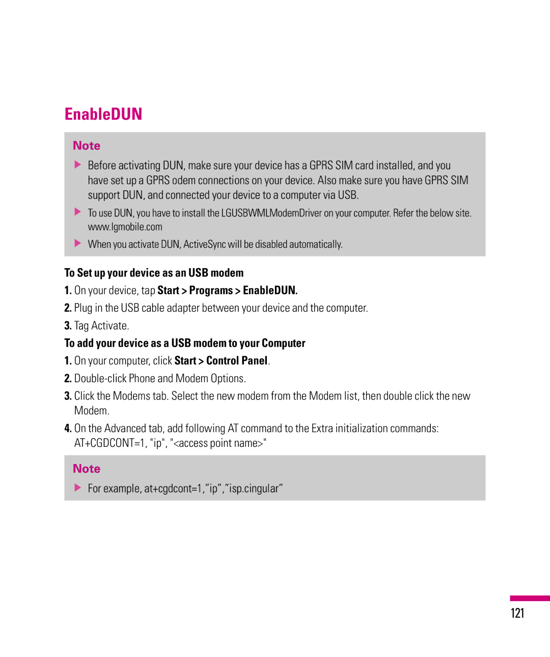 LG Electronics eXpo manual EnableDUN, 121, To add your device as a USB modem to your Computer 