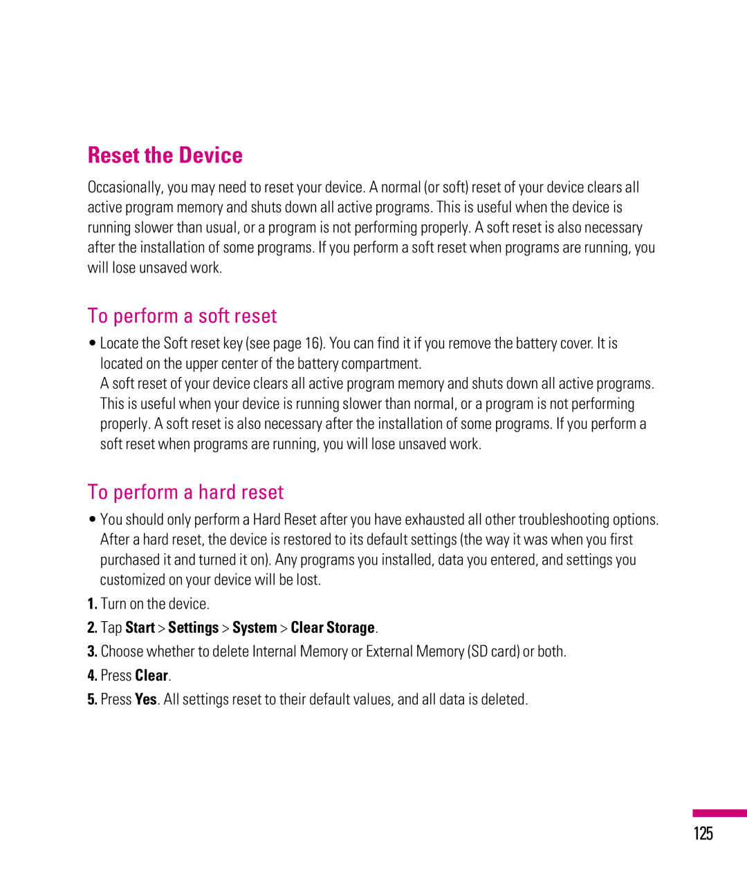 LG Electronics eXpo manual Reset the Device, To perform a soft reset, To perform a hard reset, 125 